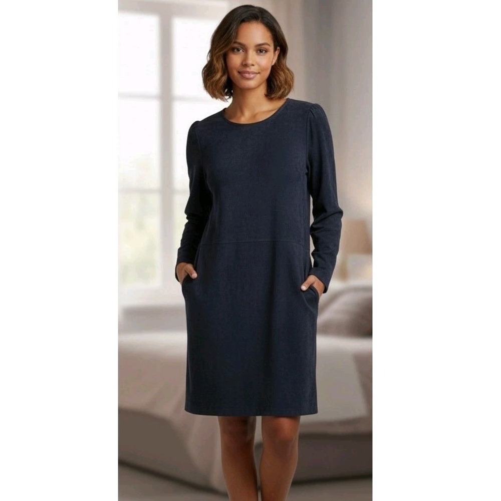 Vintage Ann Taylor Suede Dress Long Sleeve Blue Wrap Effect 80's Retro Size M